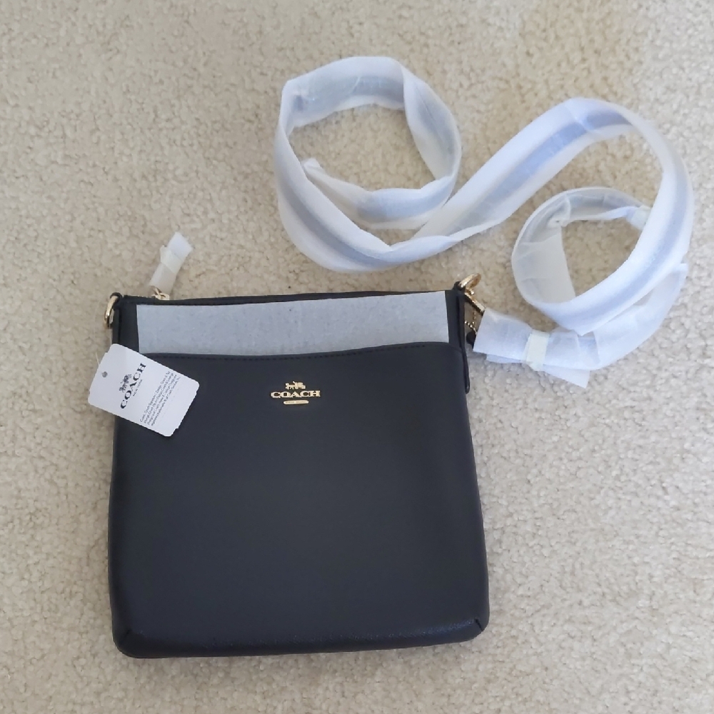 Coach Brand New Black Leather and Gold Detailing Crossbody Bag Purse